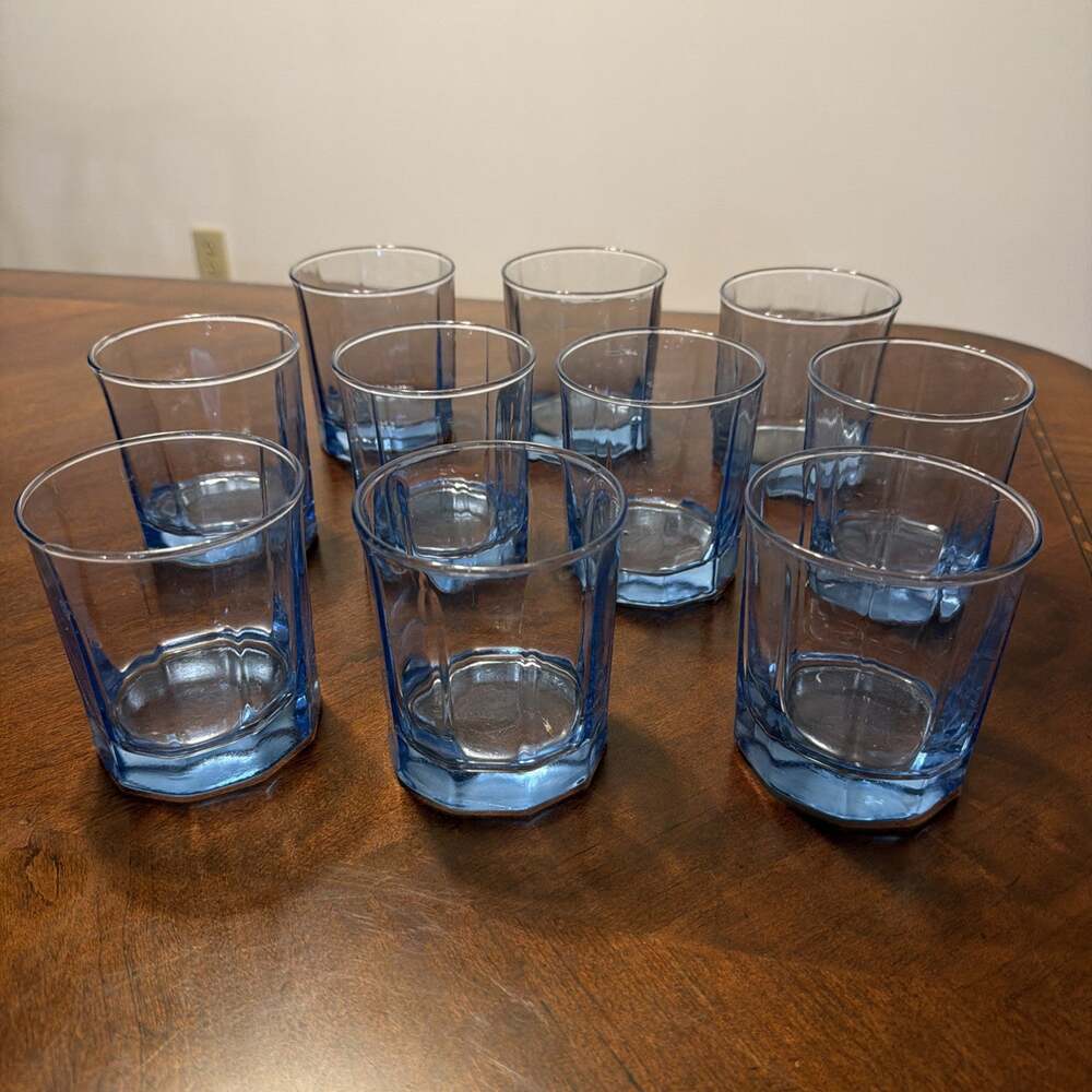 10 VINTAGE ANCHOR HOCKING - REFLECTIONS BLUE ON THE ROCKS GLASSES 9oz. Mint!